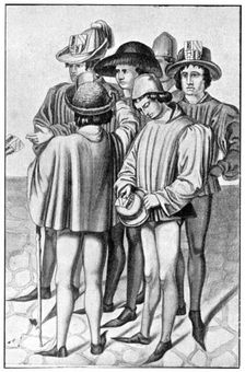 Men wearing favours in their hats, 15th century, (1910)