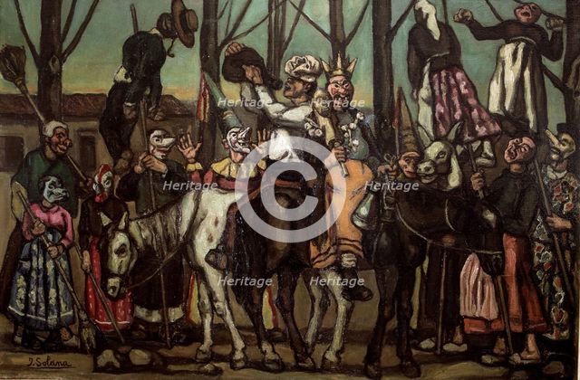 Men wearing masks on horseback.  Creator: José Gutiérrez Solana.