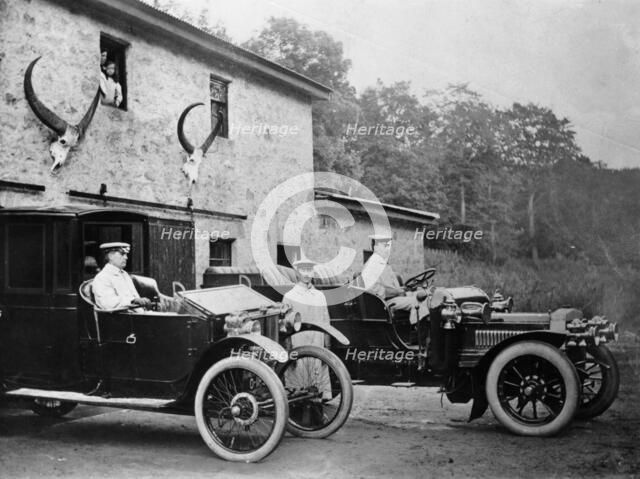 Men with 1905 Lanchester and 1906 Daimler at Fort Augustus, Scotland, 1907. Artist: Unknown