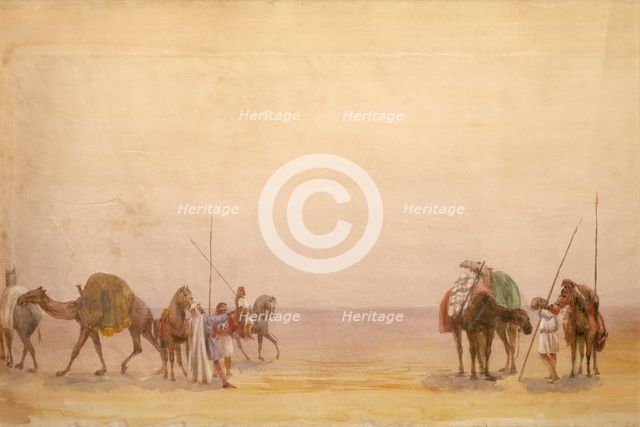 Men with camels and horses; part of the London to Hong Kong Panorama. Creator: Unknown.