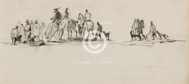 Men with dogs, on foot and on horseback, 1840-1868. Creator: Johannes Tavenraat.