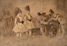 Men with scantily dressed women sitting at the table