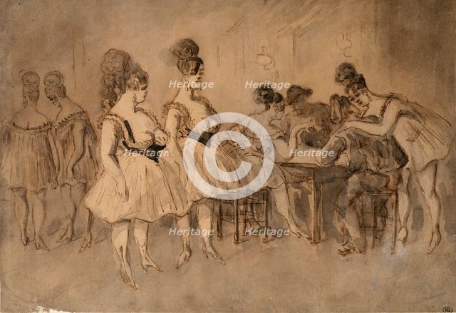 Men with scantily dressed women sitting at the table.