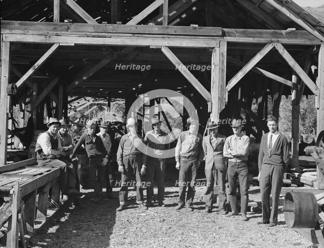 Men working in mill, Ola self-help sawmill co-op, Gem County, Idaho, 1939. Creator: Dorothea Lange.