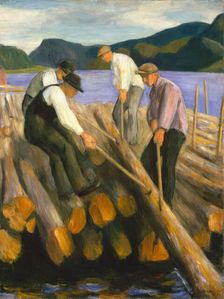 Men working on a Timber Boom, 1938. Creator: Erik Werenskiold
