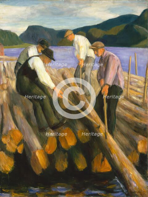 Men working on a Timber Boom, 1938. Creator: Erik Werenskiold.