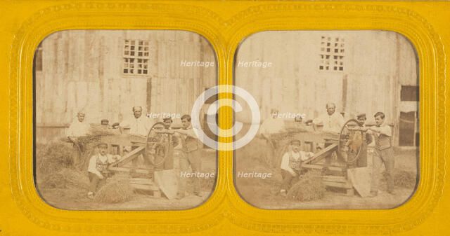 Men working on hay chafing machine, about 1865. Creator: Unknown.
