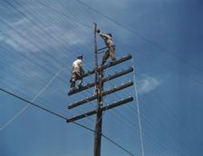 Men working on telephone lines, probably near a TVA dam hydroelectric plant, 1942. Creator: Alfred T Palmer