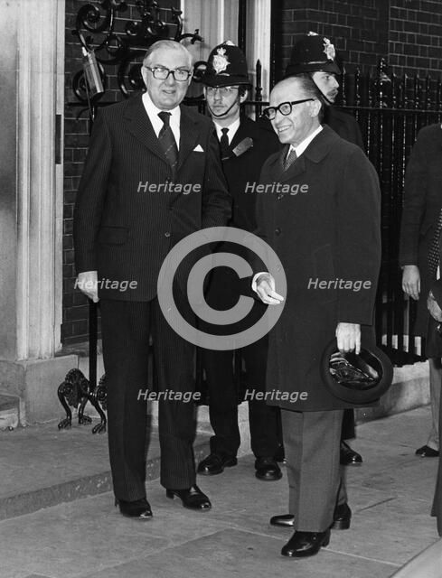 Menachem Begin and James Callaghan at Downing Street, . Artist: Sidney Harris