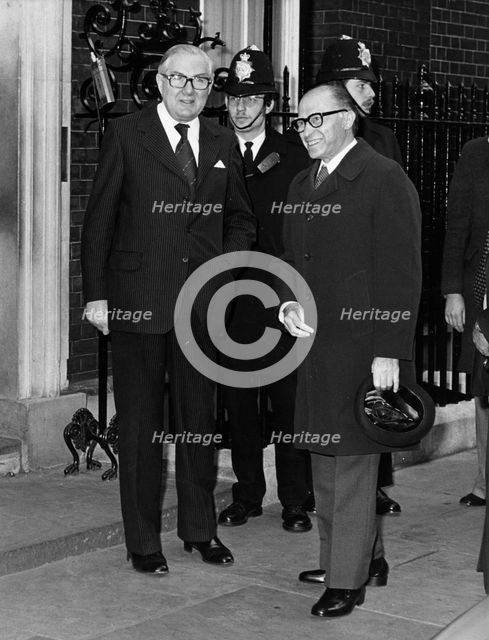 Menachem Begin and James Callaghan at Downing Street, . Creator: Sidney Harris.