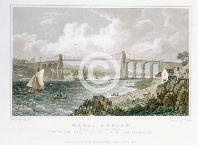 'Menai Bridge (from the Anglesea Side)', 1830. Artist: Thomas Barber