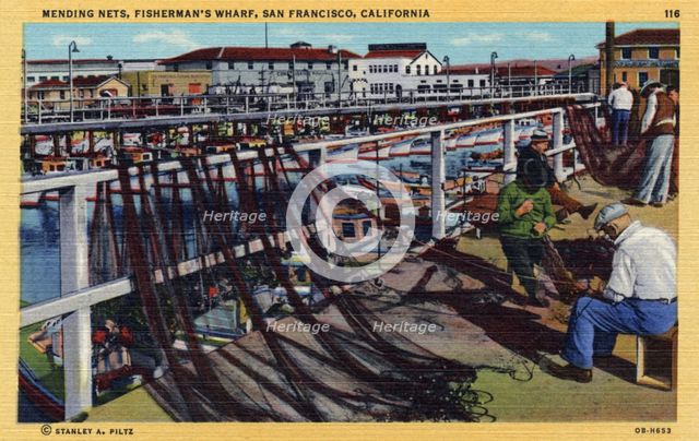 Mending nets, Fisherman's Wharf, San Francisco, California, USA, 1940. Artist: Unknown