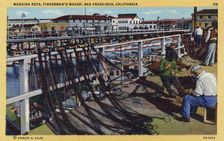 Mending nets, Fisherman's Wharf, San Francisco, California, USA, 1940