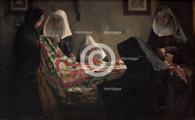 Mending of the Flag of Edegem, 1902. Creator: Georges Nauwelaerts.