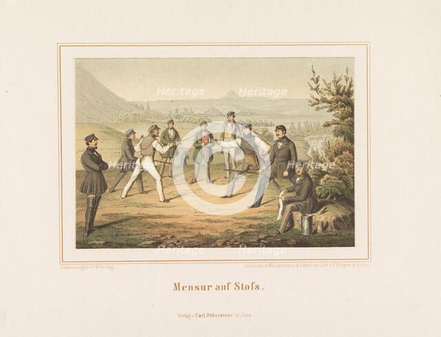 Mensur on Stofs. Images from German student life, 1865. Creator: Geiling, Friedrich Wilhelm (active ca 1850).