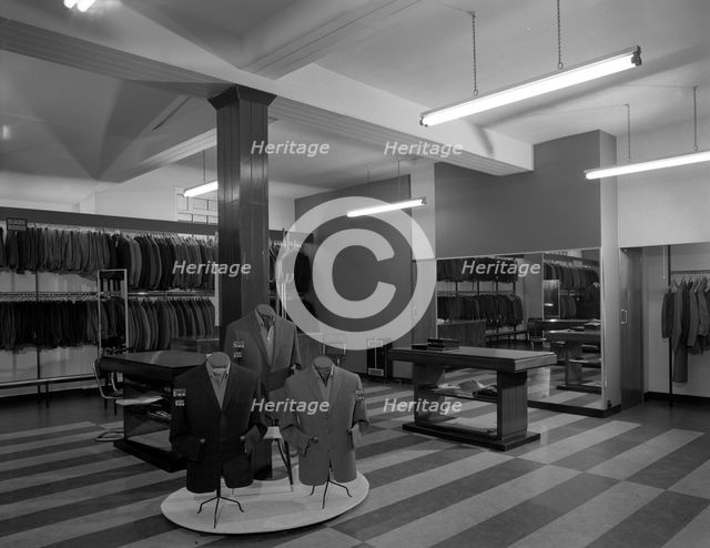 Mens clothes shop interior, Alexandre of Oxford Street, Mexborough, South Yorkshire, 1963. Artist: Michael Walters
