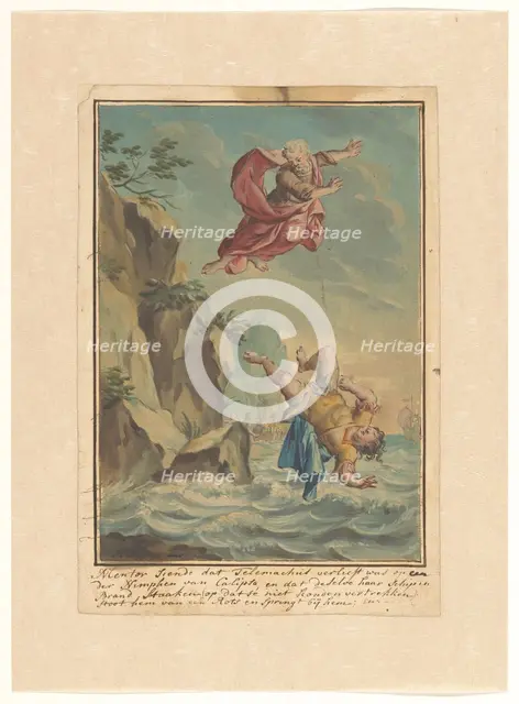 Mentor throws Telemachus off a cliff and jumps after him, 1719-1775. Creator: Ruik Keyert.
