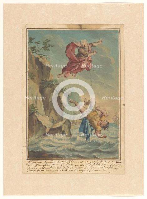 Mentor throws Telemachus off a cliff and jumps after him, 1719-1775. Creator: Ruik Keyert.