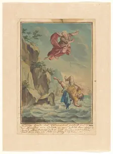 Mentor throws Telemachus off a cliff and jumps after him, 1719-1775. Creator: Ruik Keyert