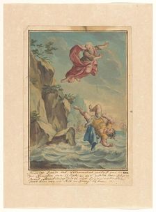 Mentor throws Telemachus off a cliff and jumps after him, 1719-1775. Creator: Ruik Keyert