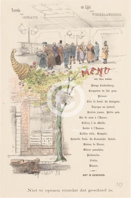 Menu card for the Leidsche Spaarbank, 1889 or earlier.  Creator: Theo van Hoytema.