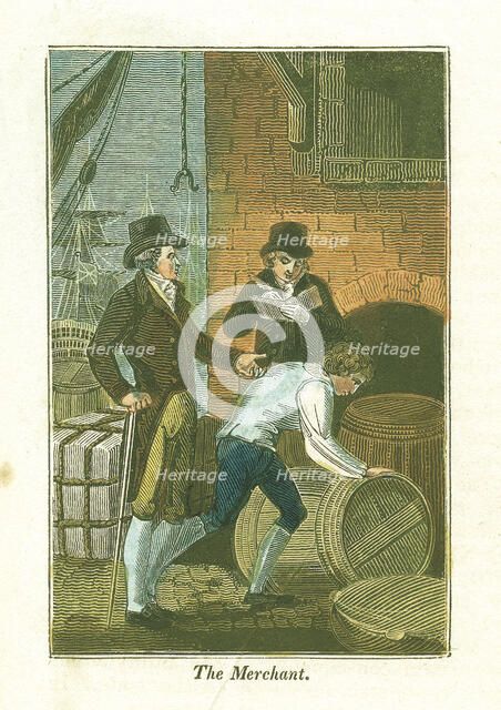 Merchant and his clerk at the dockside checking goods at a warehouse, 1823. Artist: Unknown