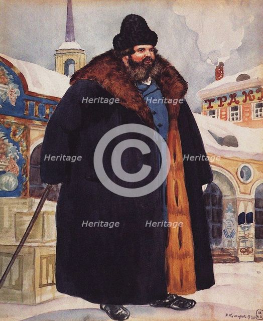 Merchant in a fur coat, 1920. Artist: Kustodiev, Boris Michaylovich (1878-1927)