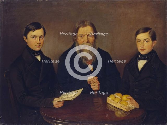Merchant Smurov with sons, 1840s. Artist: Anonymous  