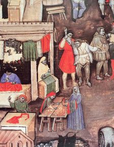 Merchants of fabrics and textiles in a market, Miniature in the Statuto delle Corporazione dei M…