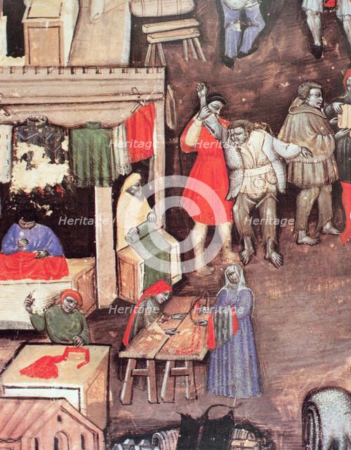 Merchants of fabrics and textiles in a market, Miniature in the 'Statuto delle Corporazione dei M…
