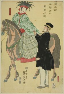 Merchants of Yokohama: French Woman on Horseback (Yokohama shokan, Furansujin umanori no zu), 1861. Creator: Sadahide Utagawa