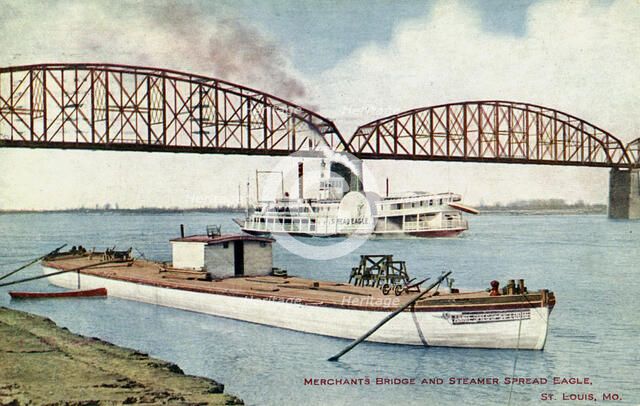 Merchants Bridge and the paddle steamer 'Spread Eagle', St Louis, Missouri, USA, 1908. Artist: Unknown