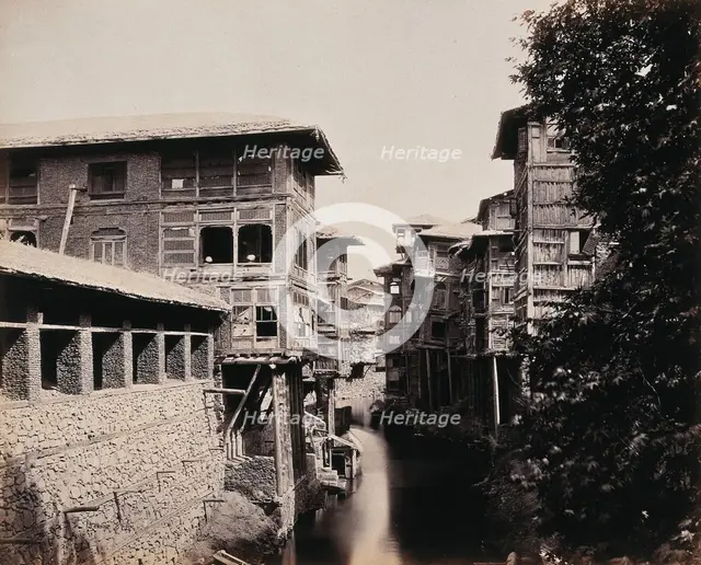 Merchants' houses above the Marqual canal, Kashmir, India, c1860s. Creator: Samuel Bourne.