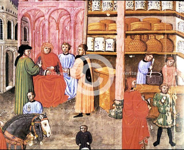 Merchants in a trade, miniature in 'Statuti Mercanti', illuminated manuscript, 14th century.