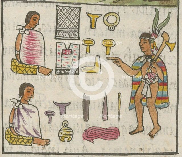 Merchants (Pochtecas) and their wares in Tzinacantlan. From the Codex Florentinus, c 1550. Creator: Sahagún, Bernardino de (1499-1590).