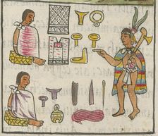 Merchants (Pochtecas) and their wares in Tzinacantlan. From the Codex Florentinus, c 1550. Creator: Sahagún, Bernardino de (1499-1590)