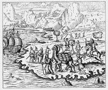 Merchants transporting goods to the coast and a waiting vessel by camel, 1575