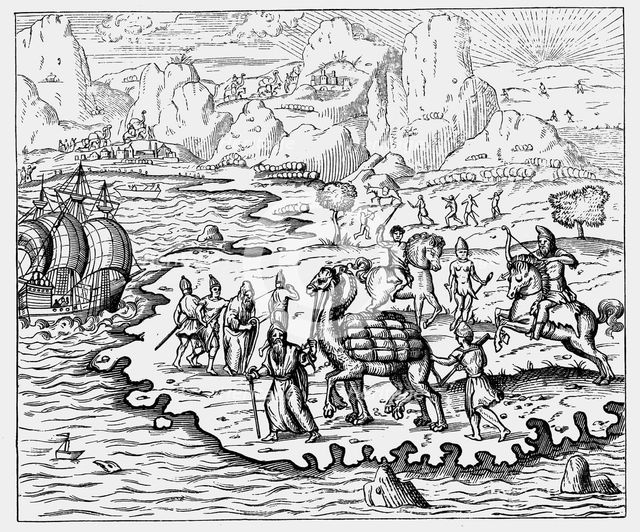 Merchants transporting goods to the coast and a waiting vessel by camel, 1575. Artist: Unknown