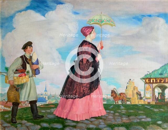Merchant's woman with purchases, 1920. Artist: Kustodiev, Boris Michaylovich (1878-1927)