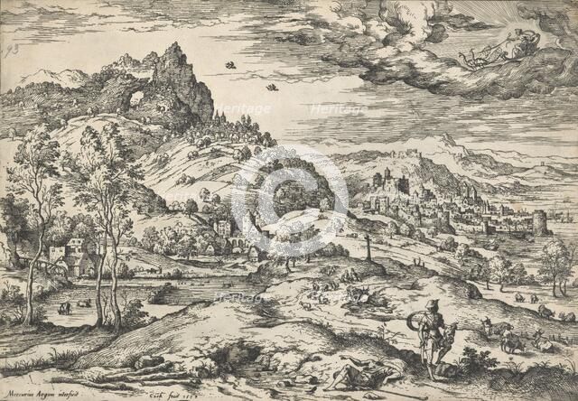 Mercury with the head of Argus in his hand, from Landscapes with biblical and mythological...1558. Creator: Hieronymus Cock.