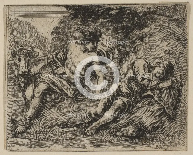 Mercury and Argus, from 'Game of Mythology' (Jeu de la Mythologie), 1644. Creator: Stefano della Bella.