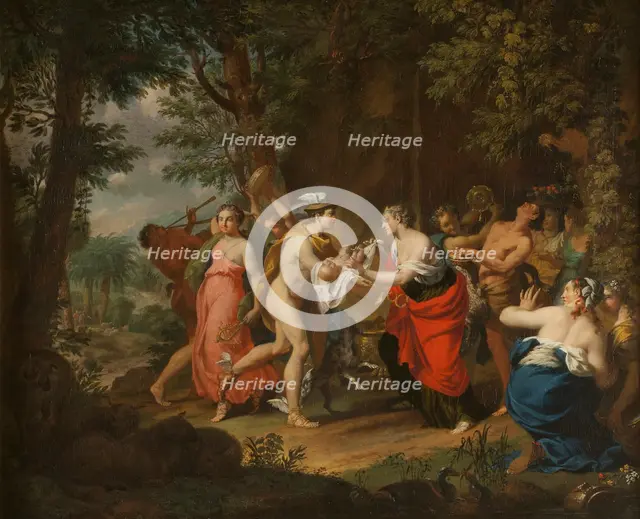 Mercury Confiding the Child Bacchus to the Nymphs on Nysa, 18th century. Creator: Marcus Tuscher.