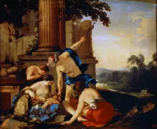Mercury Giving the Child Bacchus to the Nymphs of Nysa 1638. Artist: Laurent de la Hyre