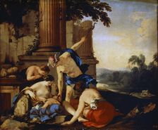 Mercury Giving the Child Bacchus to the Nymphs of Nysa 1638. Artist: Laurent de la Hyre
