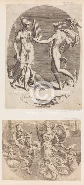 Mercury Presenting a Panpipe to Minerva. Creator: Giulio Bonasone.