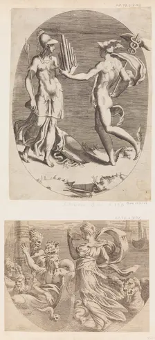 Mercury Presenting a Panpipe to Minerva. Creator: Giulio Bonasone