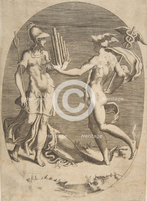 Mercury presenting a panpipe to Minerva who stands at left, an oval composition, 1531-76. Creator: Giulio Bonasone.
