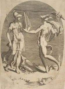 Mercury presenting a panpipe to Minerva who stands at left, an oval composition, 1531-76. Creator: Giulio Bonasone