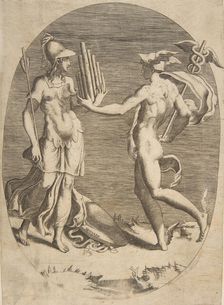 Mercury presenting a panpipe to Minerva who stands at left, an oval composition, 1531-76. Creator: Giulio Bonasone
