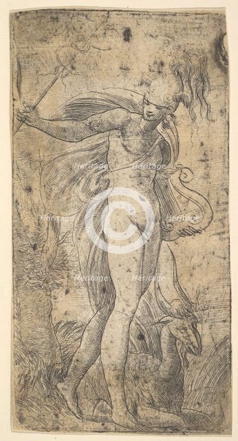 Mercury standing holding a cadecus in his right hand, a lyre in his left, ca. 1536-40. Creator: Andrea Schiavone.